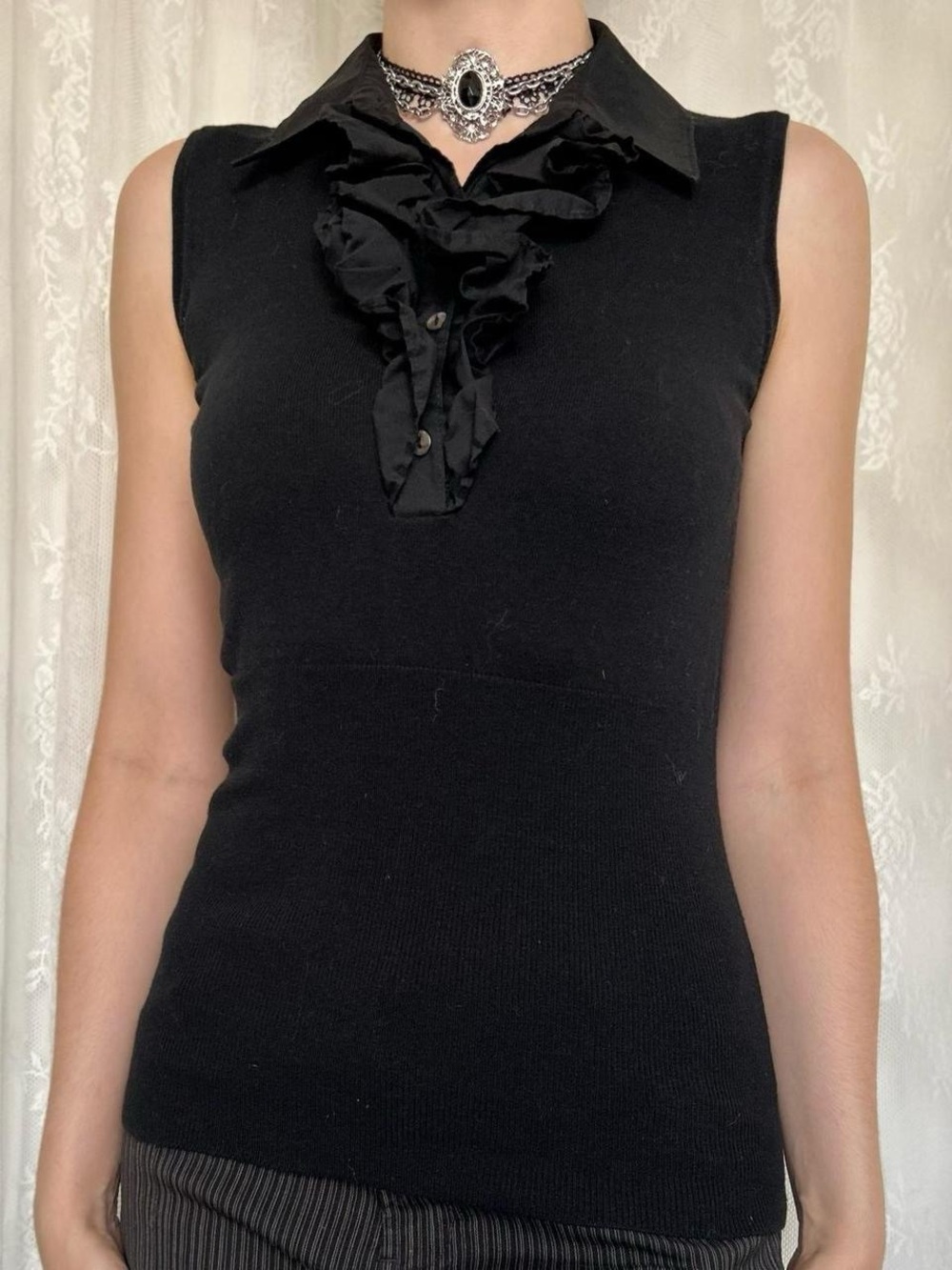 Vampy Goth Black Fitted Collared Blouse